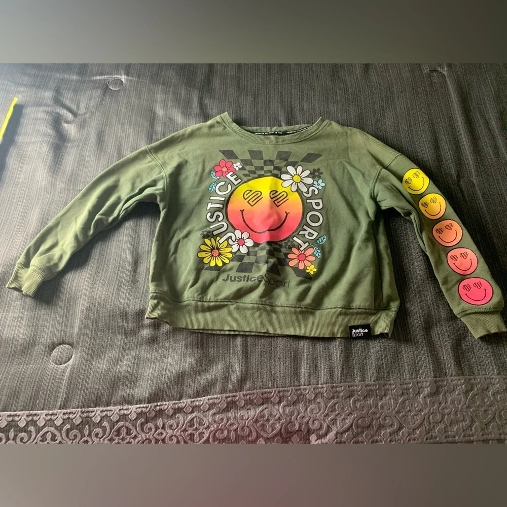 Justice Sport Olive Green Smiley Floral Sweatshirt Medium